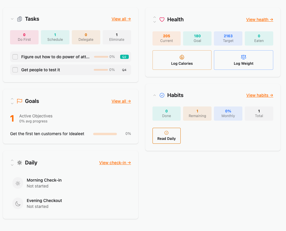 Lidger dashboard showing goal progress and daily planning