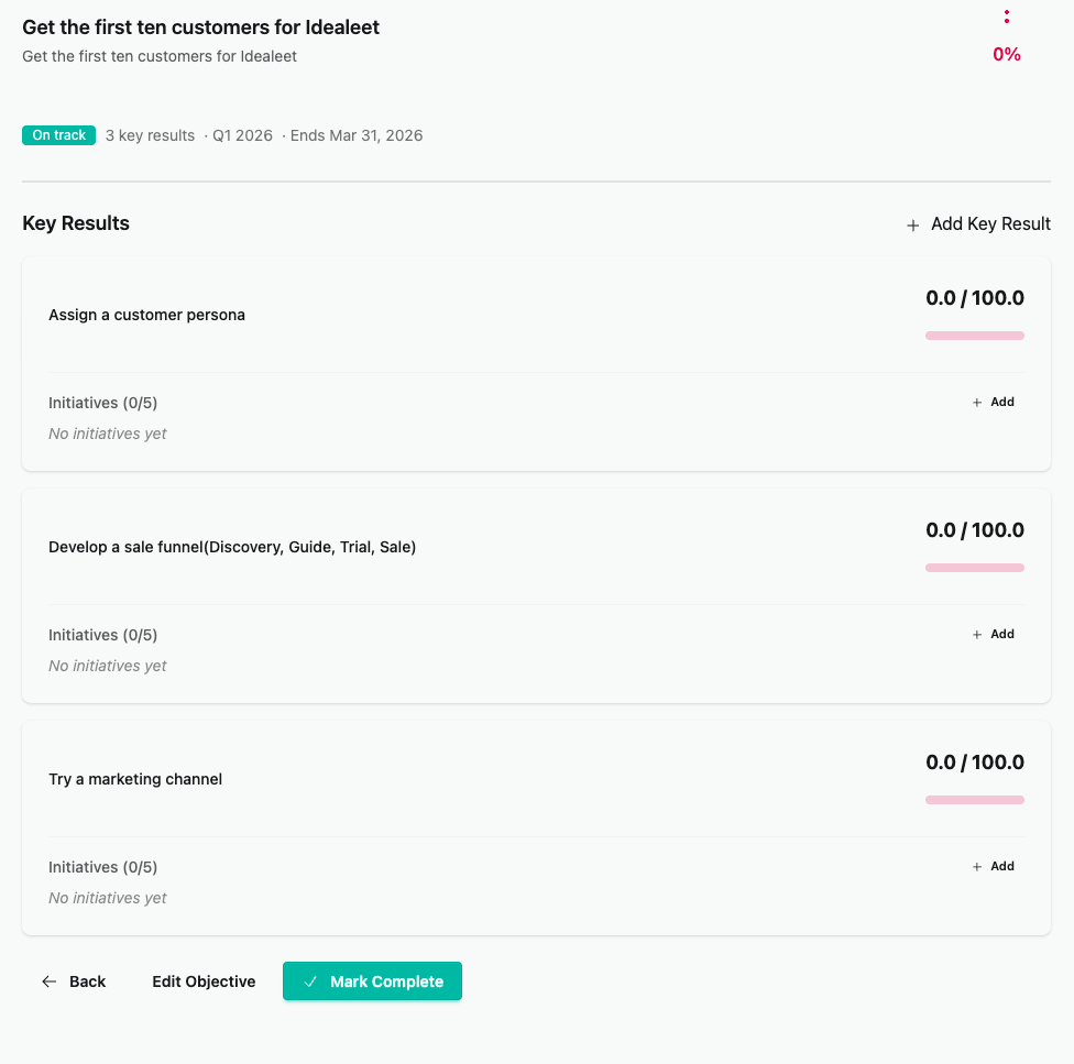 Lidger OKR dashboard showing objectives and key results